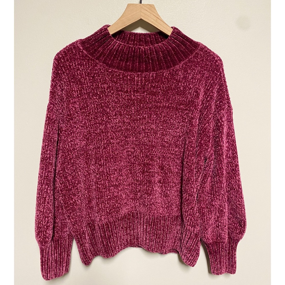 Cynthia Rowley Chenille Mock Neck Sweater Fuzzy Cozy Knit Burgundy Size XL